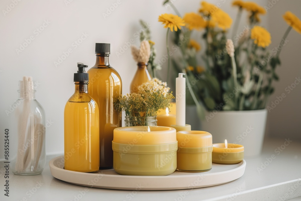 a white shelf topped with yellow candles and vases filled with flowers. generative ai a white shelf topped with yellow candles and vases filled with flowers. generative ai