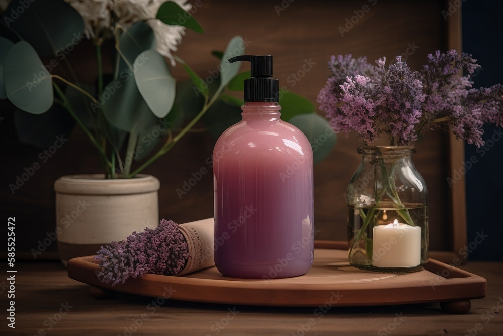a bottle of lotion, a candle, and some flowers on a table. generative ai a bottle of lotion, a candle, and some flowers on a table. generative ai