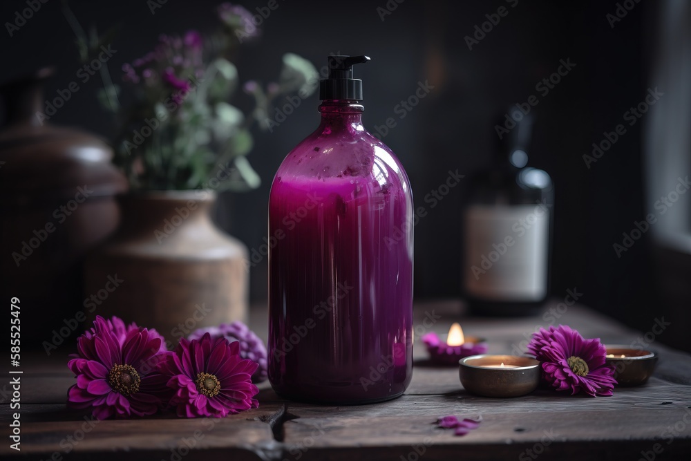 a bottle of liquid sitting on a table next to flowers. generative ai a bottle of liquid sitting on a table next to flowers. generative ai