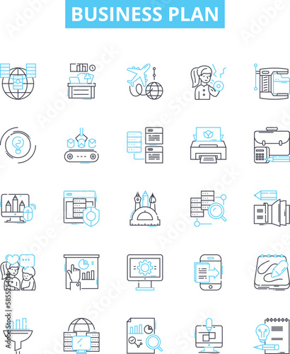 Business plan vector line icons set. Business, Plan, Strategy, Financing, Proposal, Start-up, Objectives illustration outline concept symbols and signs
