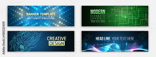 Blue futuristic science presentation collection. Modern banner design for medicine, internet network, artificial intelligence, big data. High-tech media cover. Technology horizontal banners set.
