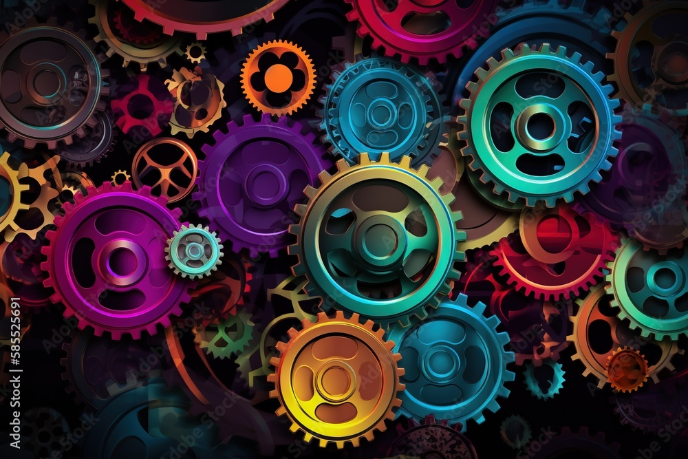  a bunch of gears that are all different colors and sizes on a black background with a red, yellow, blue, and green circle in the center.  generative ai - obrazy, fototapety, plakaty 
