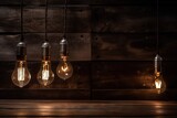  a group of light bulbs hanging from a wooden ceiling over a table with a wooden wall behind it and a wooden floor below it with a light bulb on.  generative ai