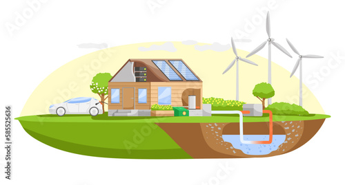 Village eco house with solar panels on roof and windmills turbines on background. Alternative ecological energy concept. Renewable solar, wind and heat transfer power generation. Vector illustration