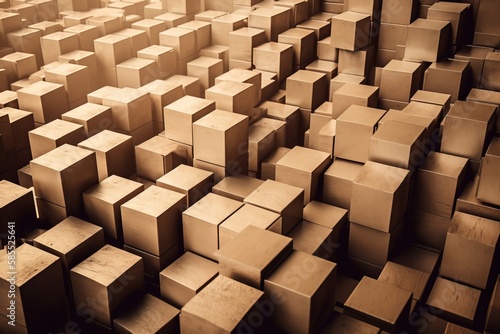  a large group of boxes that are stacked together in a room with a wall of them in sepia tone  with a black and white background.  generative ai