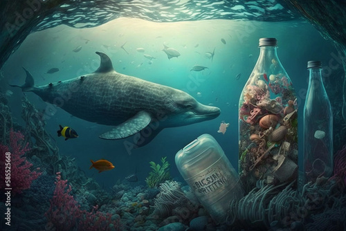 Plastic bottles and other trash in ocean pollution Generative AI © Muhammad Shoaib