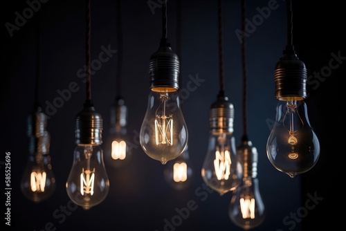  a bunch of light bulbs hanging from a ceiling in a dark room with a black background and a few light bulbs hanging from the ceiling. generative ai