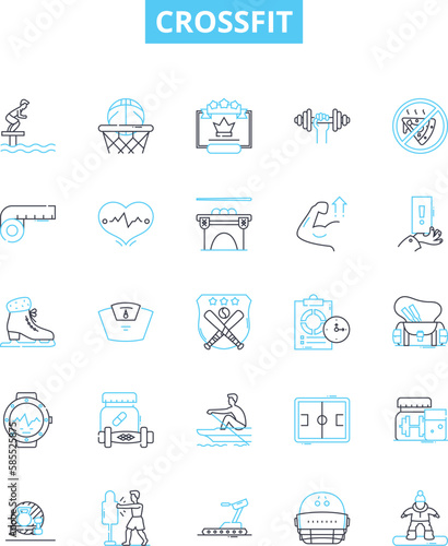 Crossfit vector line icons set. Workout, Fitness, Exercise, Strength, Strength-training, WOD, Gym illustration outline concept symbols and signs