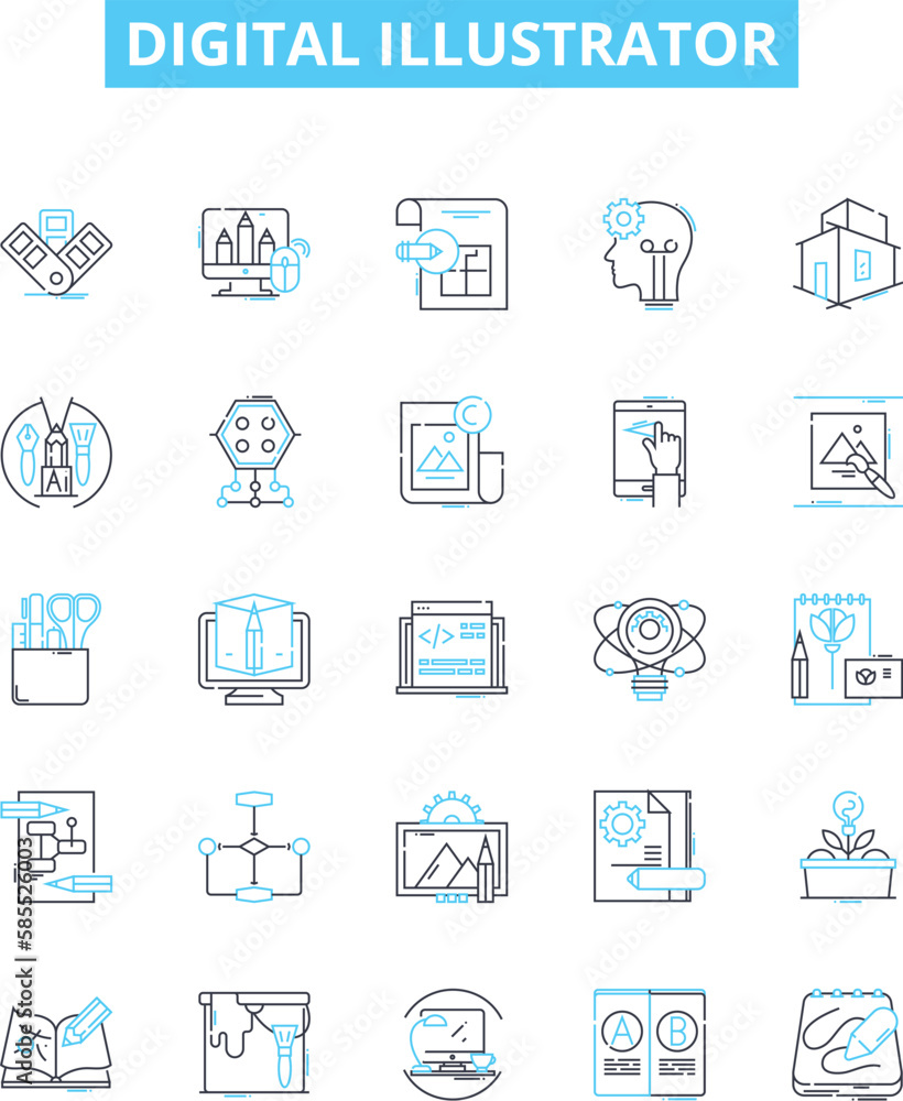 Digital illustrator vector line icons set. Digital, Illustrator, Designer, Artist, Vectors, Graphics, Software illustration outline concept symbols and signs