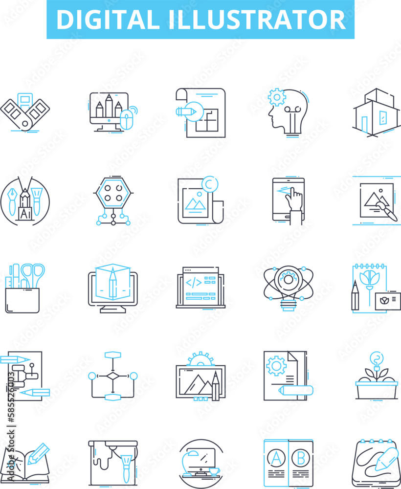 Digital illustrator vector line icons set. Digital, Illustrator, Designer, Artist, Vectors, Graphics, Software illustration outline concept symbols and signs Digital illustrator vector line icons set. Digital, Illustrator, Designer, Artist, Vectors, Graphics, Software illustration outline concept symbols and signs