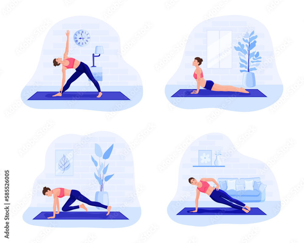 Young woman training yoga at home. Sporty girl doing stretching exercises. Sport and fitness indoor concept. Elastic band, arm sport mat. Healthy exercises isolated print icons. Vector illustration Young woman training yoga at home. Sporty girl doing stretching exercises. Sport and fitness indoor concept. Elastic band, arm sport mat. Healthy exercises isolated print icons. Vector illustration
