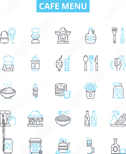 Cafe menu vector line icons set. Coffees, Desserts, Sandwiches, Drinks, Food, Salads, Sides illustration outline concept symbols and signs