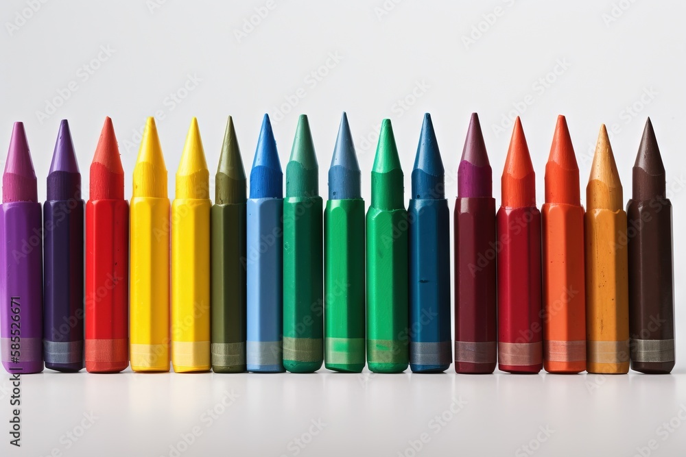 a row of colored crayons lined up in a row on a white surface with one of the crayon crayons in front of the row. generative ai a row of colored crayons lined up in a row on a white surface with one of the crayon crayons in front of the row. generative ai