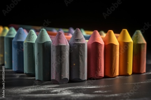  a row of colored pencils sitting on top of a table next to a black background and a black background with a white line of colored pencils. generative ai