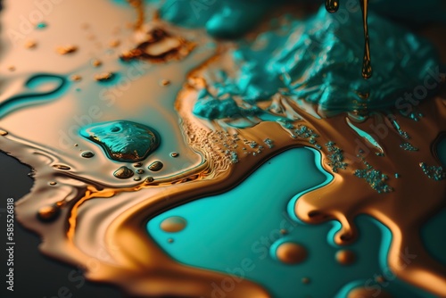  a close up of a blue and gold liquid on a black surface.  generative ai © Shanti
