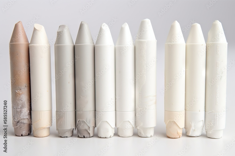 a row of different sized and shaped pens on a white surface with a white background and a few smaller ones in the middle of the row. generative ai a row of different sized and shaped pens on a white surface with a white background and a few smaller ones in the middle of the row. generative ai