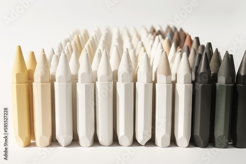  a group of pens lined up in a row on a white surface with a white back ground and a row of black and white pens lined up in the middle.  generative ai