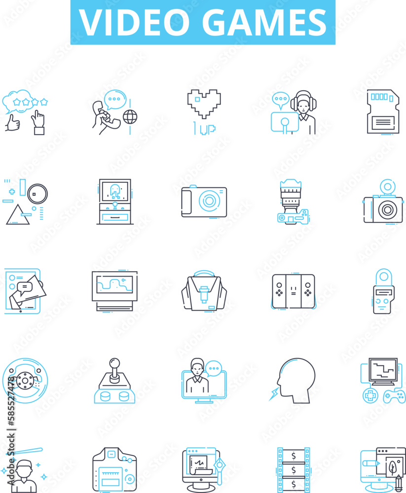 Video games vector line icons set. Gaming, consoles, Xbox, PlayStation, Nintendo, Action, RPG illustration outline concept symbols and signs Video games vector line icons set. Gaming, consoles, Xbox, PlayStation, Nintendo, Action, RPG illustration outline concept symbols and signs