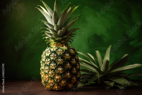  two pineapples sitting on a table with a green background in the back ground and a dark green background in the back ground and a dark green background.  generative ai