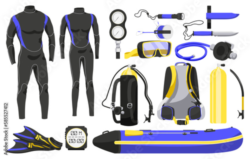 Scuba diving gear and accessories. Equipment for under water adventure. Wetsuit, scuba mask, snorkel, fins, oxygen tank with regulator dive icons. Underwater ocean and sea sport. Vector illustration