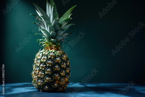  a pineapple sitting on top of a blue tablecloth on a blue tableclothed surface with a dark green back ground and a dark green background. generative ai