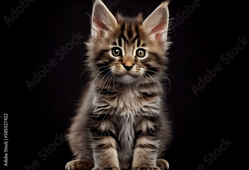 Cute brown tabby Maine Coon cat kitten, sitting up facing front. Looking towards camera with cute head tilt. Isolated cutout on transparent background. Generative AI