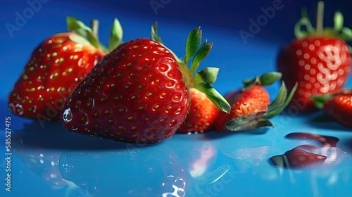 Strawberry composition on blue background. Generative AI
