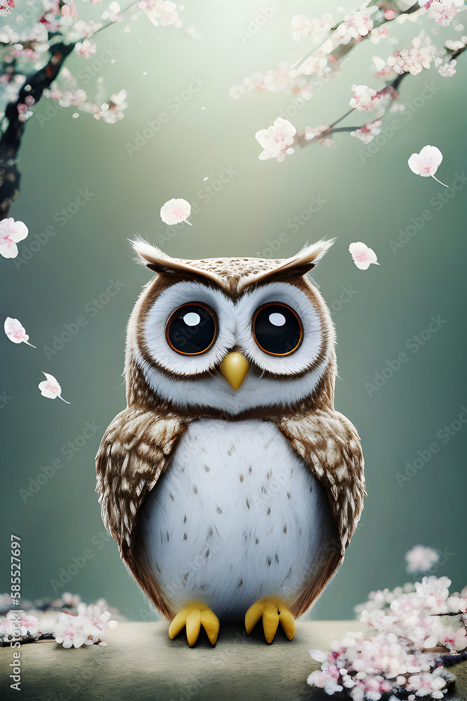 Obraz premium illustration of a cute owl in the spring landscape in the background, during the cherry blossom, generative AI