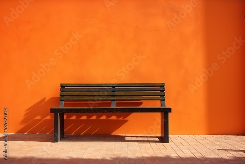  a wooden bench sitting in front of a bright orange wall. generative ai