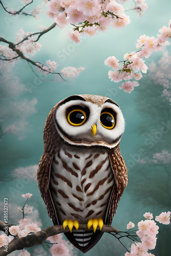 illustration of a cute owl in the spring landscape in the background, during the cherry blossom, generative AI