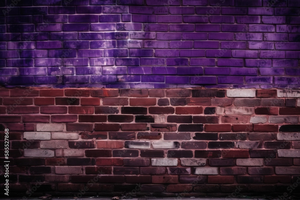 a purple brick wall with a white fire hydrant in the foreground and a red brick wall with a