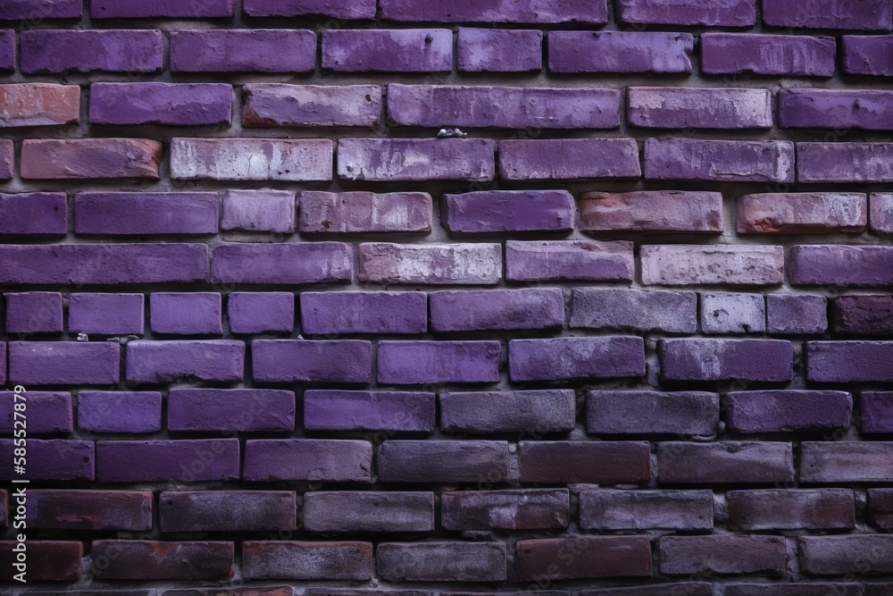  a purple brick wall with a black cat sitting on top of the wall next to the wall is a black cat with a red nose.  generative ai