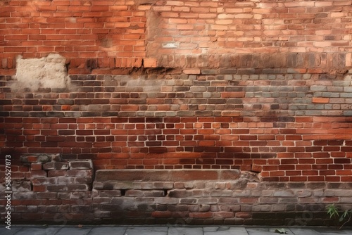  a brick wall with a bench in front of it and a plant in the corner of the wall next to the bench and a brick wall. generative ai