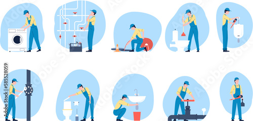 Plumbers working, repair pipes and toilet. Technician in bathroom, plumbing and construction. Handyman service, flat professionals recent vector characters