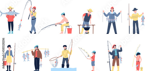 Fisherman cartoon set, action with rod and holding fish. Fishermen lake relax, summer outdoor hobby. Boy man recreation on nature recent vector characters