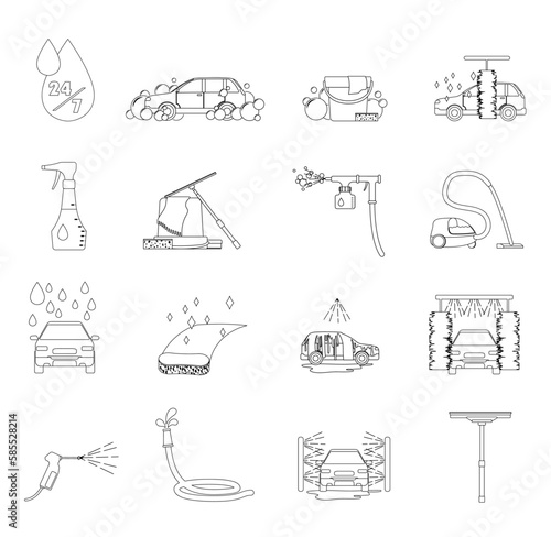 Set of carwash icons isolated on white background. Big collection of pictogram signs of car wash process. Black logo for print on flyer and web poster. Automobile cleaning. Flat vector illustration
