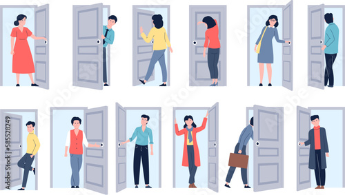 People come in and out. Entrance door, entering adults and business person. Leaving home, come back to office. Open close doors, flat recent vector characters