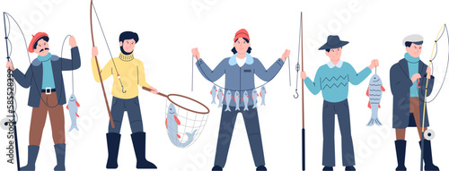 Fishermen group hold rods, bucket and fish. Summer outdoor recreation, fishing hobby. Men vacations, professional fisher recent vector character