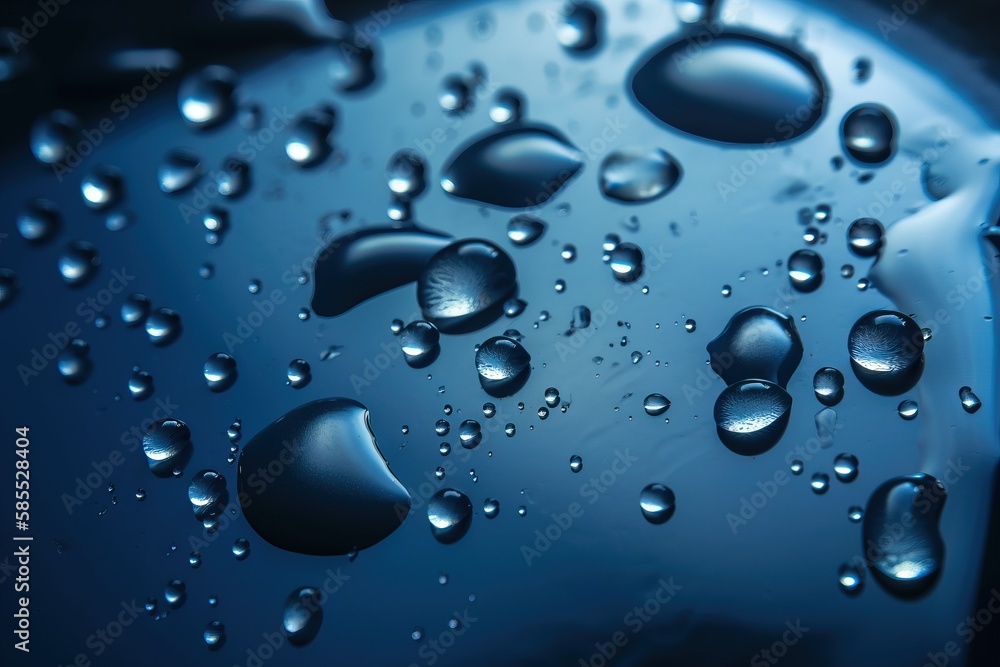  a close up of water droplets on a blue surface with a black background and a black background with a white border and a blue background with a black border.  generative ai