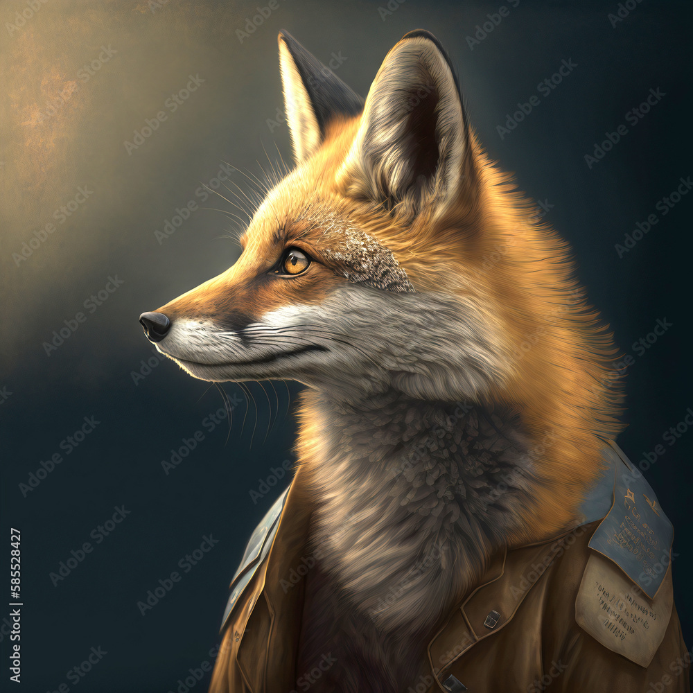 Mister brown fox illustration of wild fox wearing a jacket. Generative AI Mister brown fox illustration of wild fox wearing a jacket. Generative AI