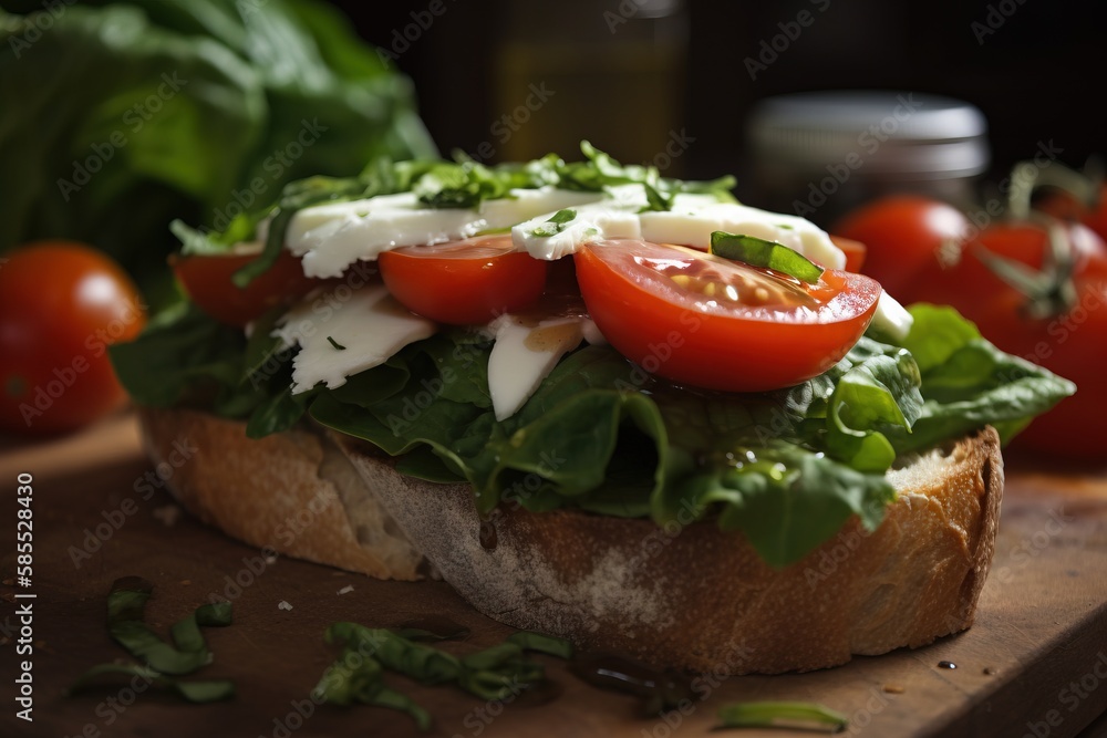  a close up of a sandwich on a cutting board with tomatoes and lettuce on top of the sandwich and a knife in the background.  generative ai