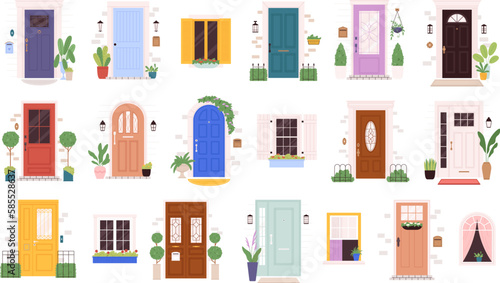 Different doors and windows exterior facade design. Retro elegant house entrance, cartoon front door with plants and lantern, racy vector clipart