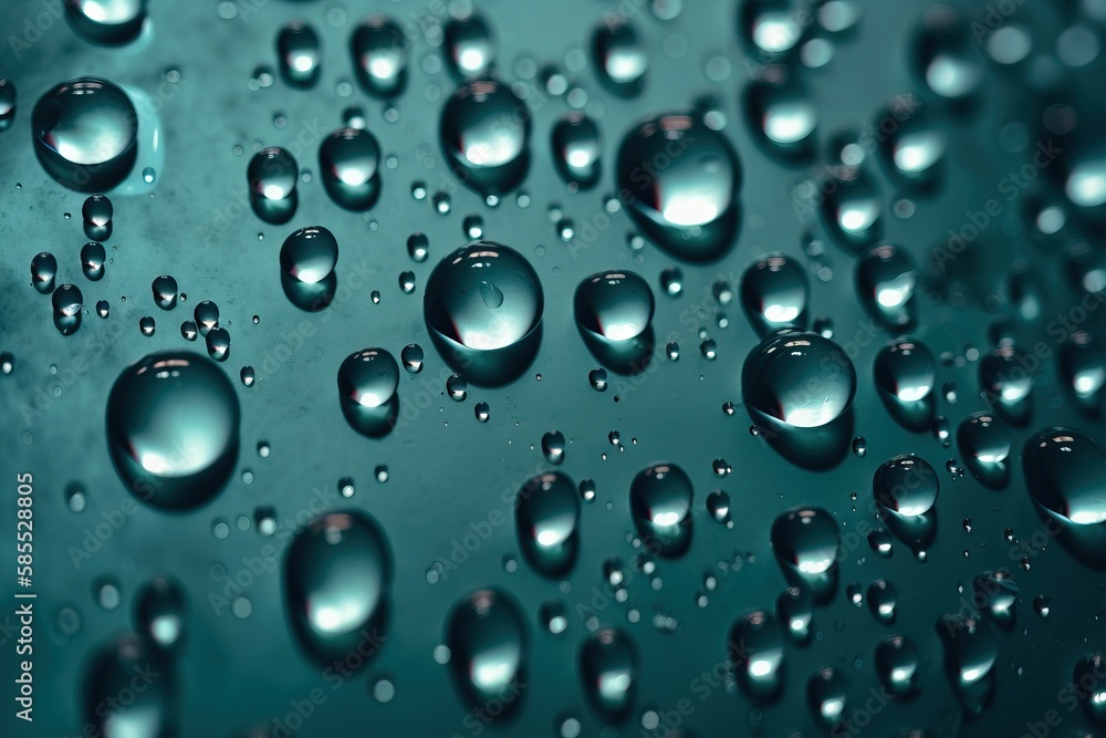  a close up of water droplets on a green surface with a black background and a blue sky in the back ground with a few white dots.  generative ai