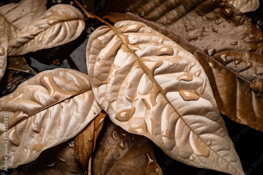 a group of leaves that are laying on the ground in the water and on the