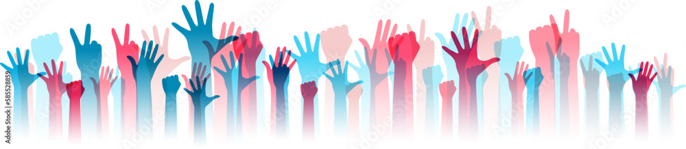 Hands up silhouettes, horizontal border. Decoration element from pink and blue raised hands. Conceptual illustration for festivals, concerts, social public communities, education or volunteering.