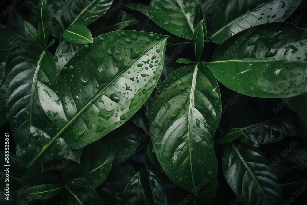 a close up of a green plant with water droplets on it's leaves and leaves on the leaves are all green and have a dark background. generative ai a close up of a green plant with water droplets on it's leaves and leaves on the leaves are all green and have a dark background. generative ai