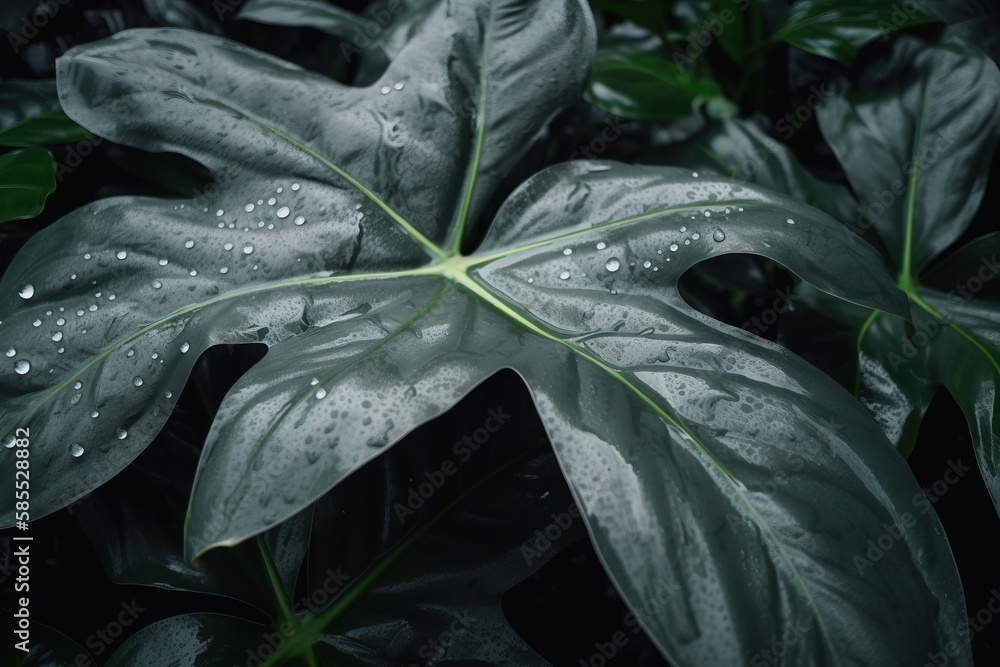  a close up of a green leaf with water droplets on it's leaves and leaves are shown in the foreground with a dark background.  generative ai