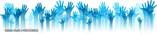 Hands up silhouettes, horizontal border. Decoration element from blue raised hands. Conceptual illustration for festivals, concerts, social public communities, education or volunteering.