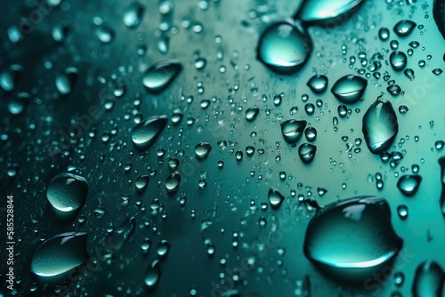  a close up of water droplets on a glass surface with a blue sky in the back ground and a green sky in the back ground.  generative ai