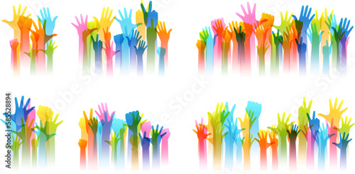 Hands up silhouettes, dividers collection. Decoration element from rainbow raised hands. Conceptual illustration for festivals, concerts, social public communities, education or volunteering.